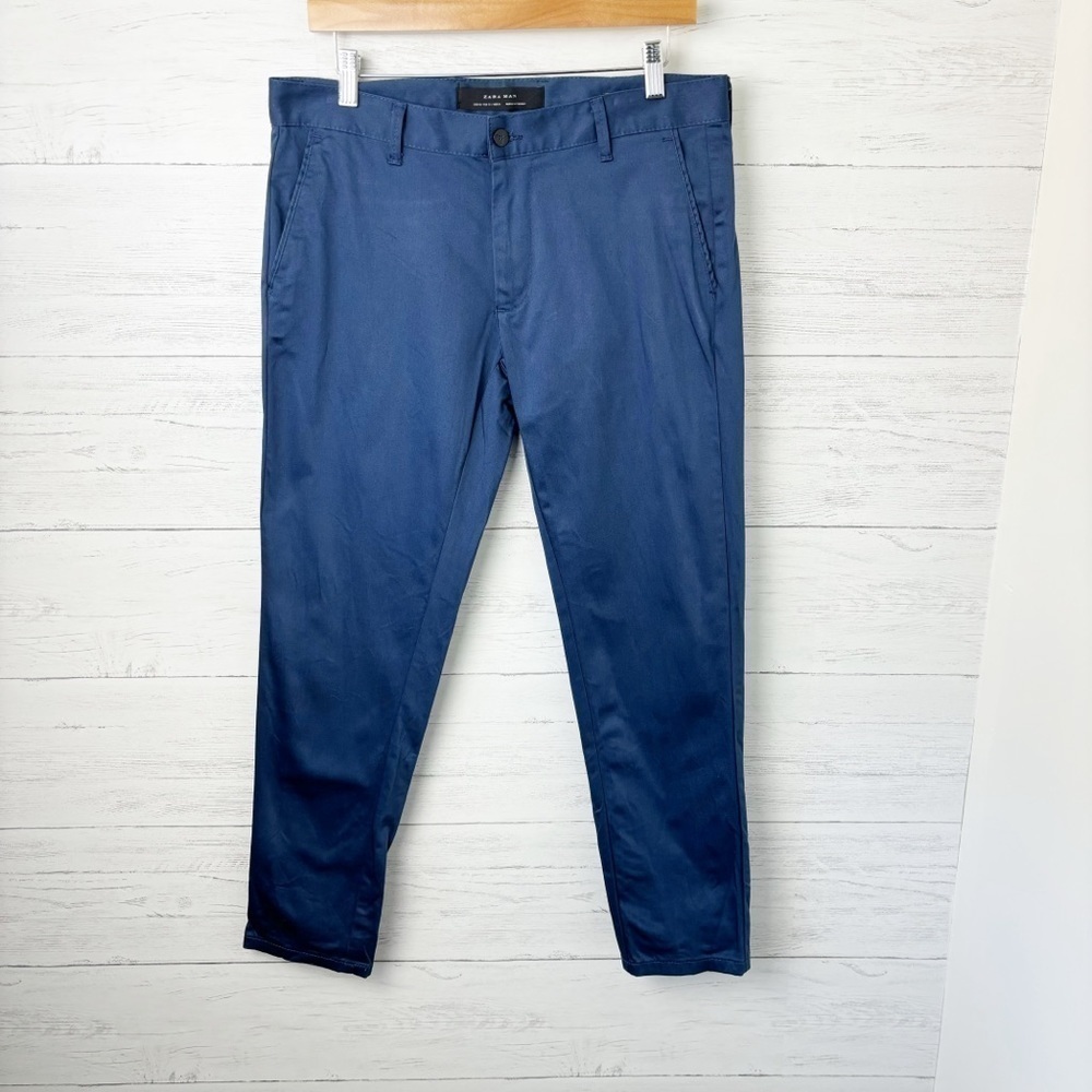 Zara Man Ankle Flat Front Chino Pants Navy 31/28